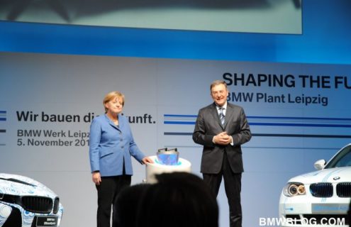 BMW CEO and German Chancellor Angela Merkel at Leipzig Event