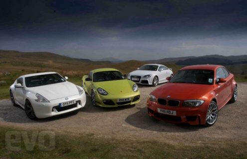 EVO Mag: BMW 1M vs Porsche Cayman R, Audi TT RS, Nissan 370Z