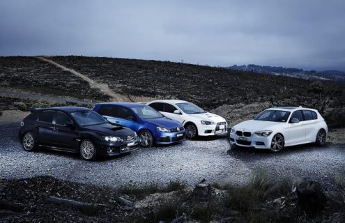 Comparison: BMW M135i vs Mitsubishi Lancer Evolution vs Subaru WRX STI vs Volkswagen Golf R
